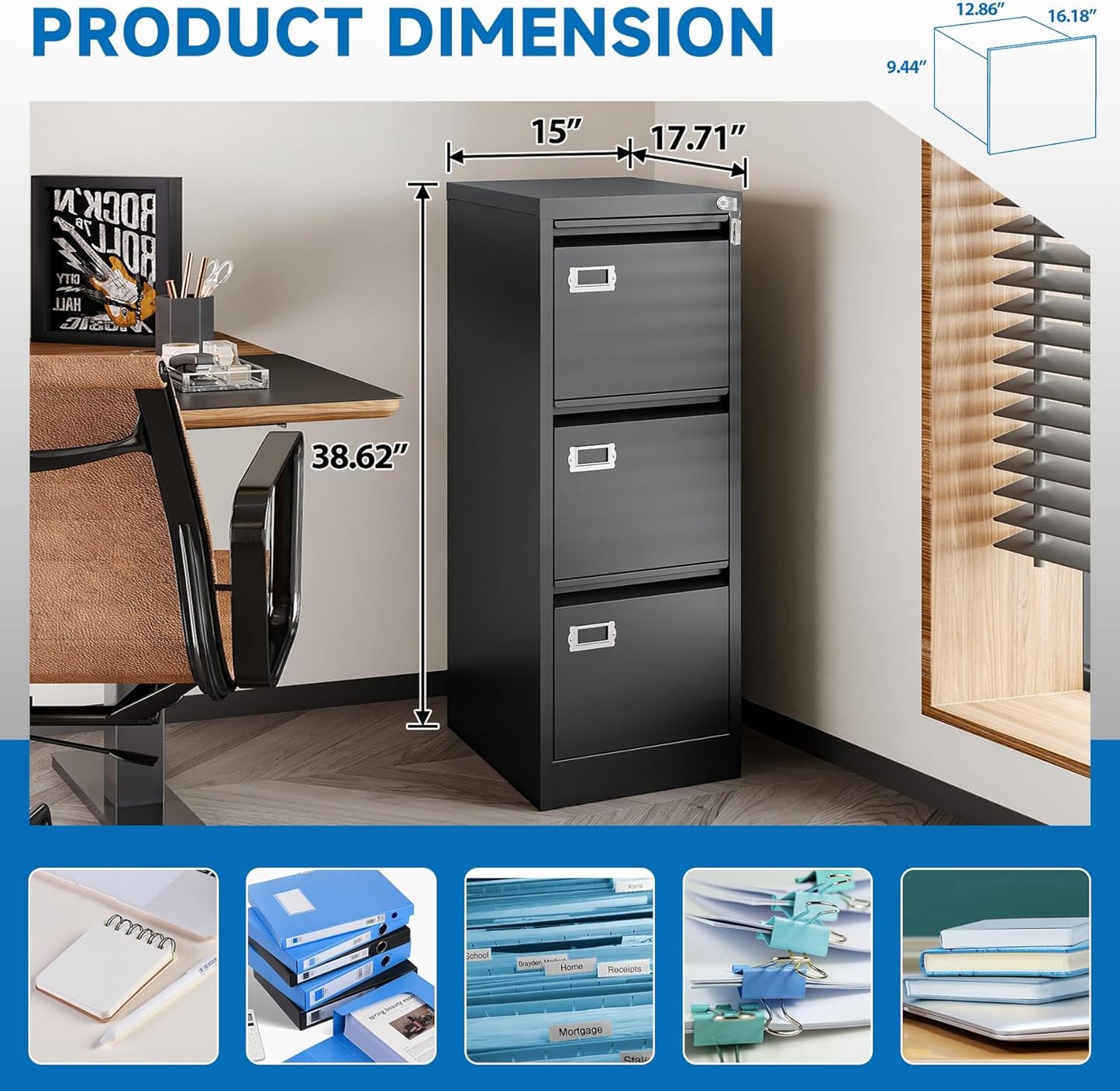 3 Drawer File Cabinet with Lock Metal Vertical File Cabinet Office Home Narrow File Cabinet for A4 Legal/Letter Size,Assembly Required (Black, 3 Drawers-Vertical)