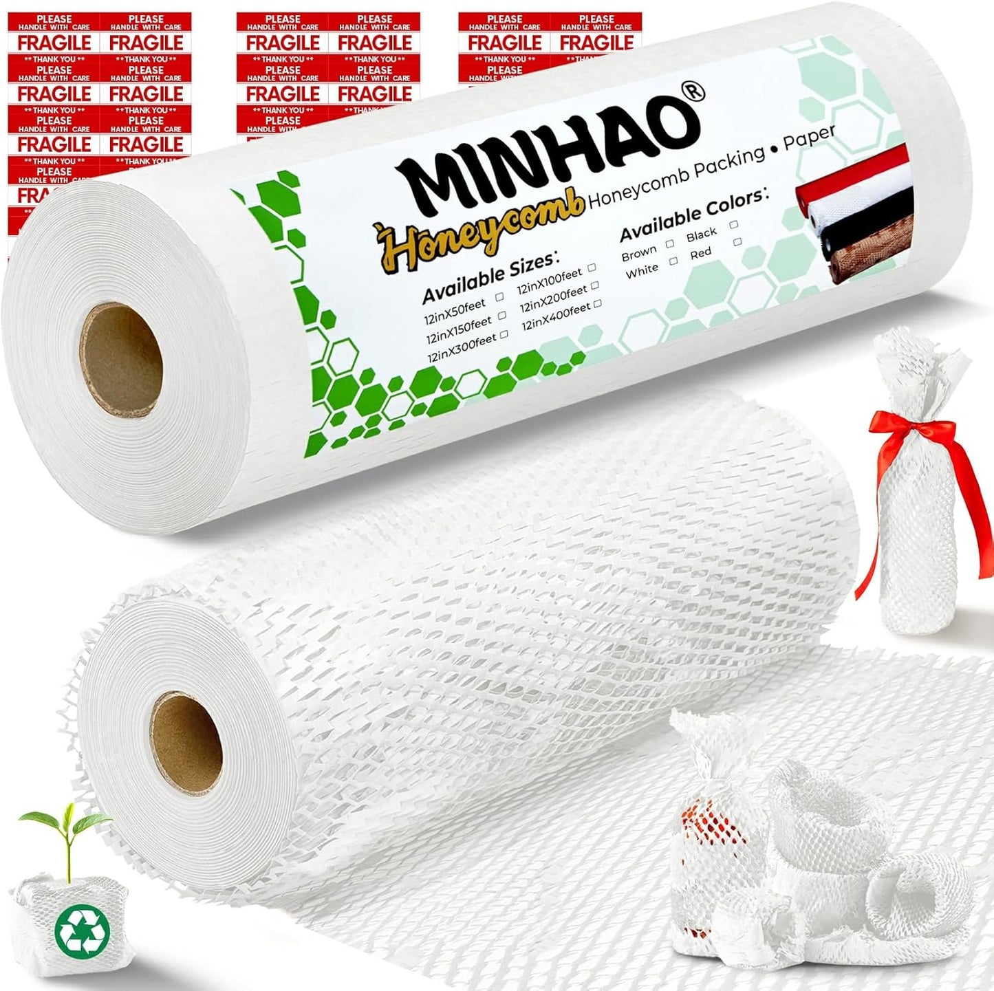 Honeycomb Packing Paper, 12"x300' White | Perforated Honeycomb Packing Paper Recyclable Moving Supplies for Shipping & Moving | Plastic-Free Alternative to Bubble Cushion Wrap with 36 Fragile Stickers