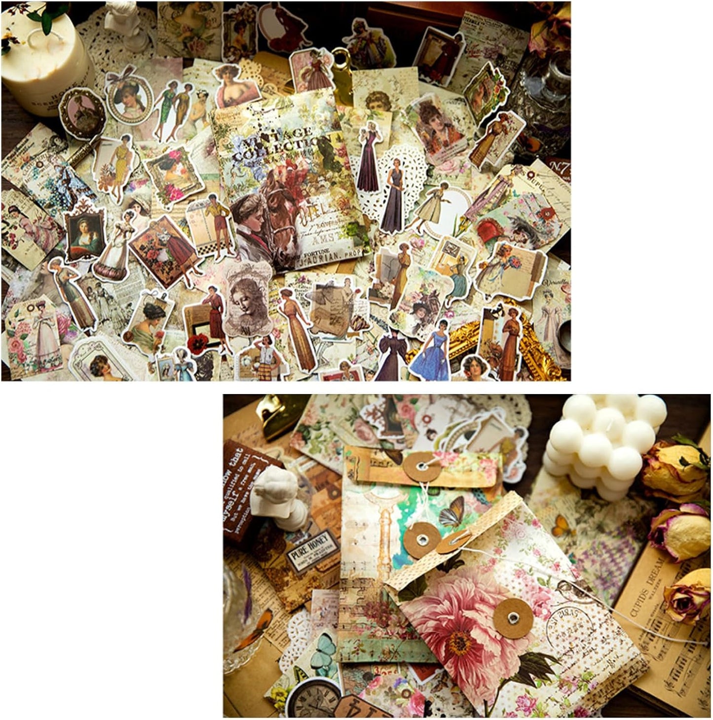 200PCS Vintage Scrapbooking Supplies Pack, Aesthetic Scrapbook Sticker Paper Art Journaling Kit for Bullet Junk Journals,Planner,Cottagecore Decor Gifts (Rose)