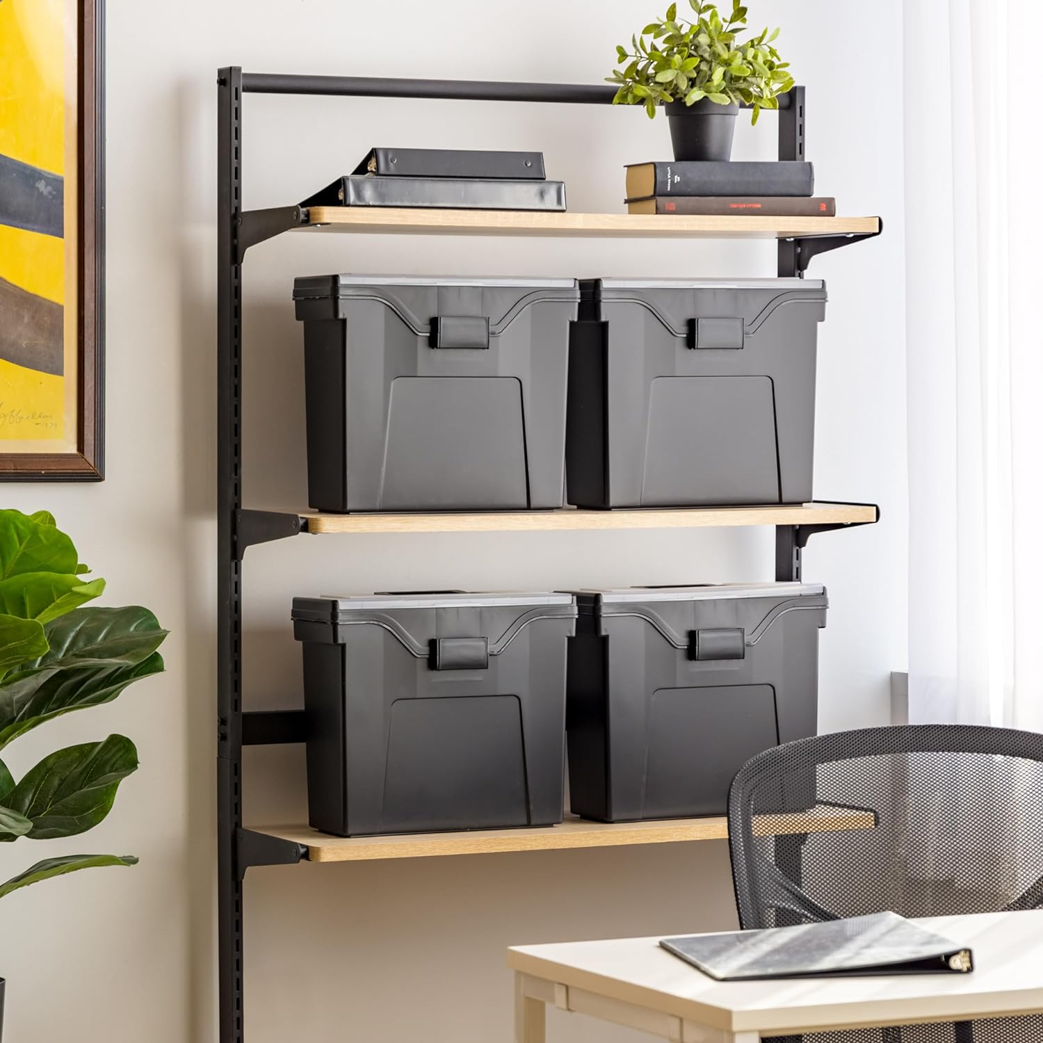 IRIS USA File Box Slim with Lid File Organizer for Letter File w/ Organizer-Lid, Water Resistant Document Box, Plastic Mobile Filing Organizer, Secure Buckle, Portable Handle, Lockable, Black 4 Pack