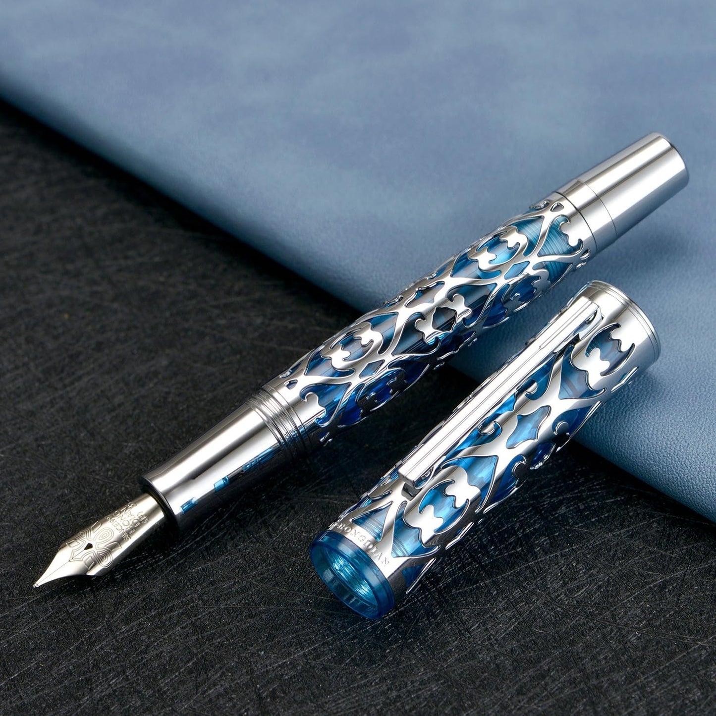 Hongdian D1 Piston Fountain Pen Fine Soft Nib, Silver Blue Hollow Skeleton & Resin Pen with Metal Case Set