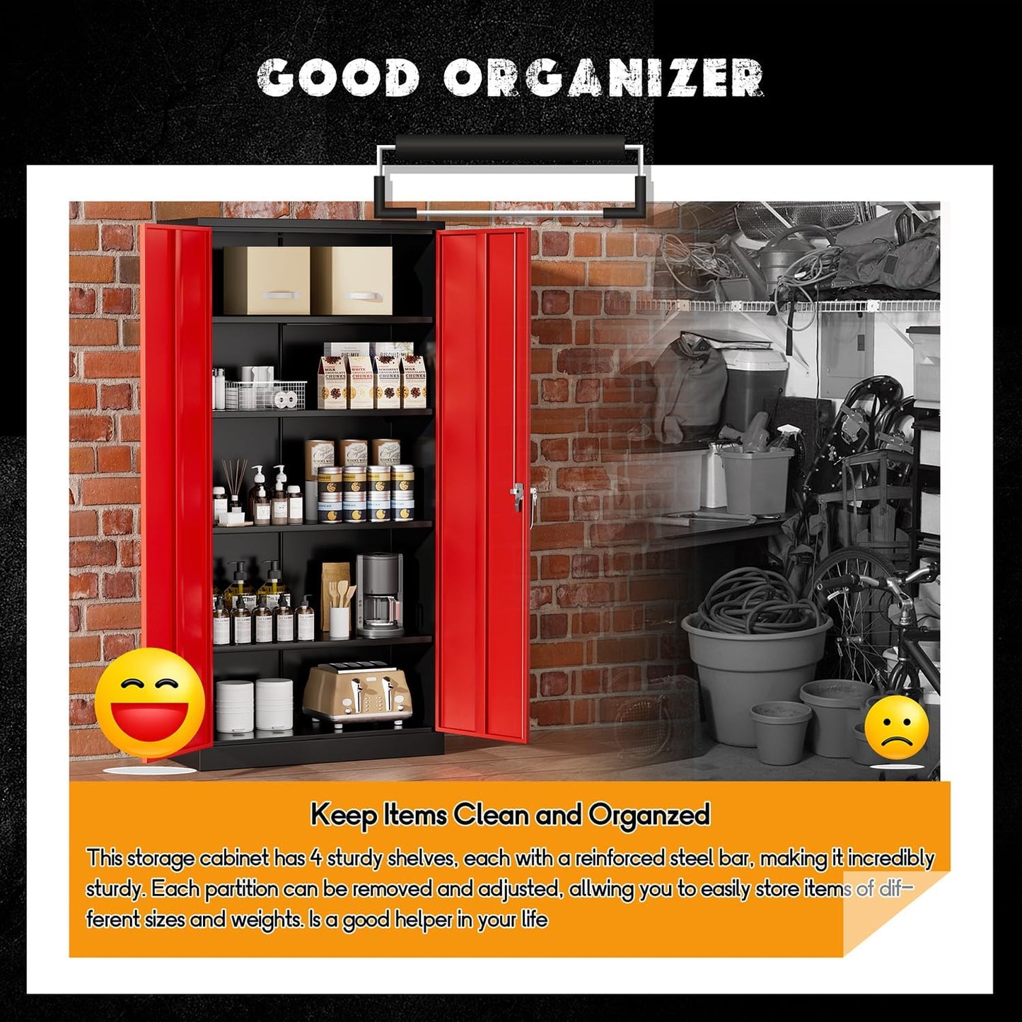 Greenvelly Metal Garage Storage Cabinet with Lock, 72" Metal Storage Cabinet with 2Doors and 4Adjustable Shelves, for Home Office, School,Gym (Black&Red)