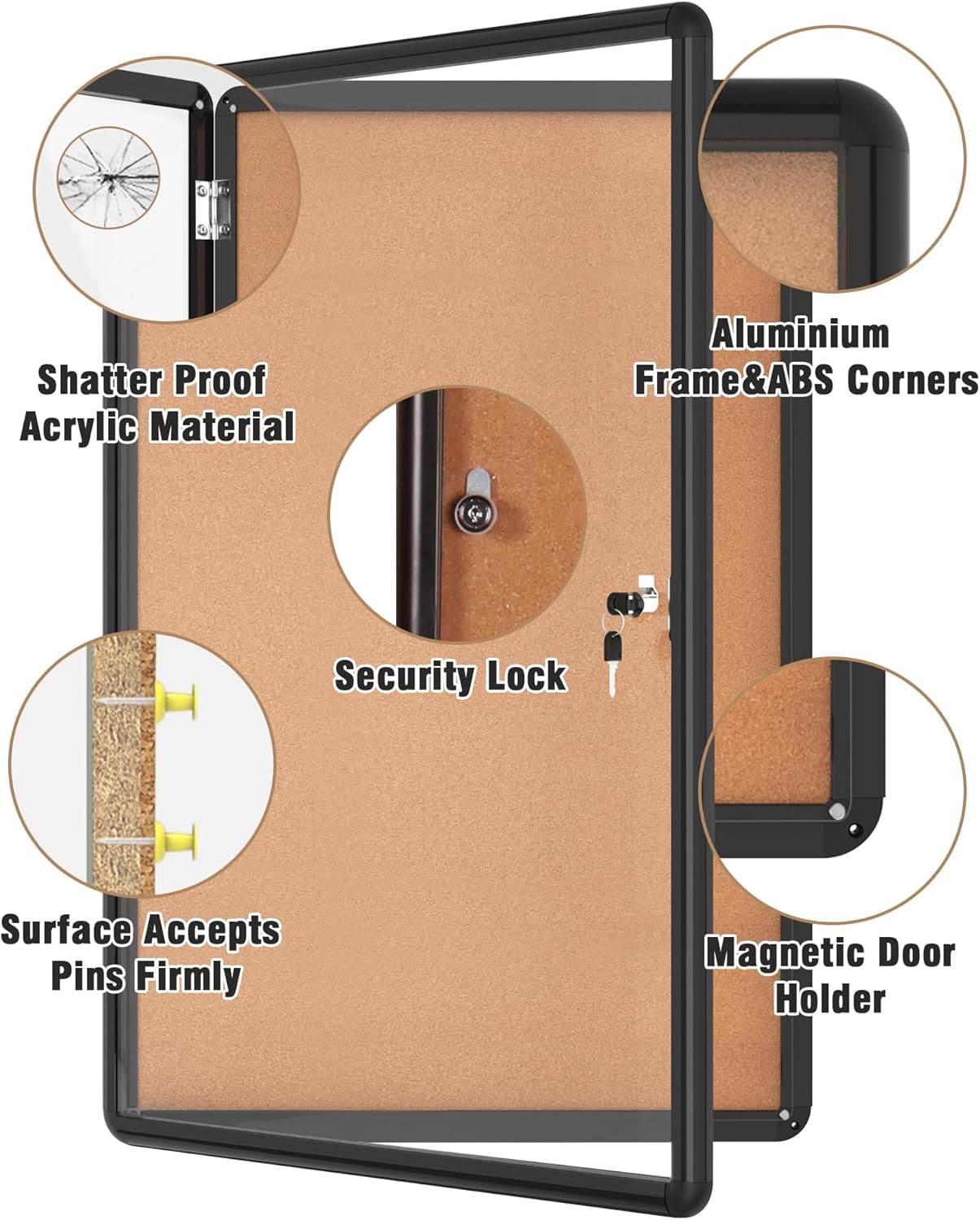 36"x24" Enclosed Bulletin Board, Lockable Weather-Resistant Aluminum Cork Noticeboard for School & Office, Black Frame w/Cork