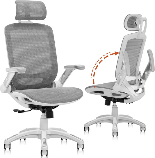 GABRYLLY Ergonomic Office Chair, High Back Home Desk Chair with Headrest, Flip-Up Arms, 90-120° Tilt Lock and Wide Cushion, 400LBS Mesh Chairs for Man Woman, White Task Chair(Dark Grey,GY01WDG)