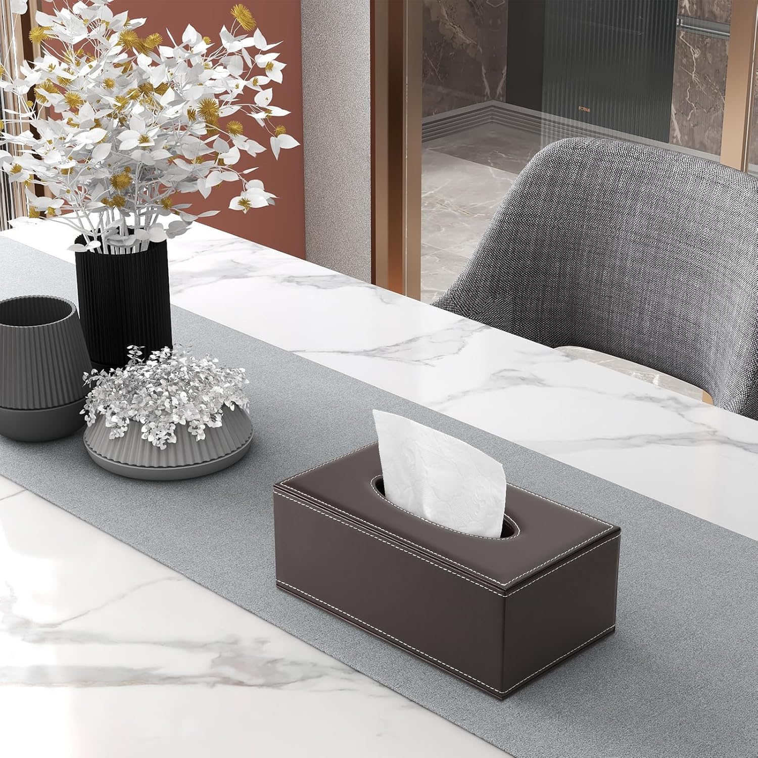 KINGFOM 3PCS/SET Desk Organizers and Accessories, Pu Leather Office Supplies Organization Set with Tissue Holder, Pencil Holder and Business Name Cards Stand Brown