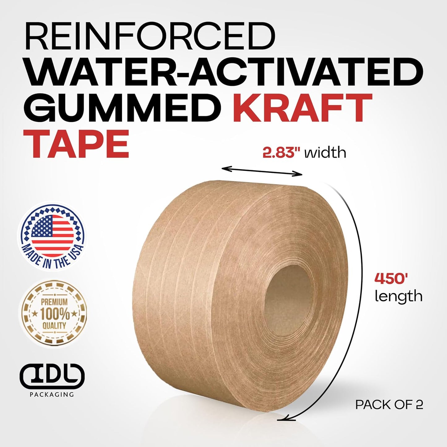 IDL Packaging 2.83" x 450 feet Reinforced Water-Activated Kraft Gummed Tape 30lb Thickness (Pack of 2) - Secure Paper Packing Tape for Secure Carton Sealing - Heavy-Duty for All Conditions, Brown