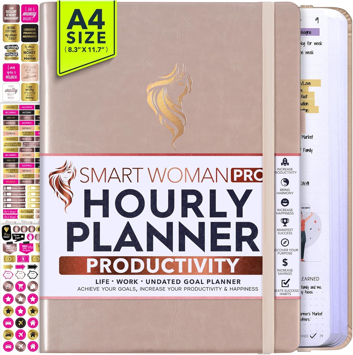 Hourly Planner - Undated Daily, Weekly & Monthly Planner with Budget Section | A 12 Month Journey to Increase Productivity & Happiness | Life Organizer & Gratitude Journal - Vertical Format