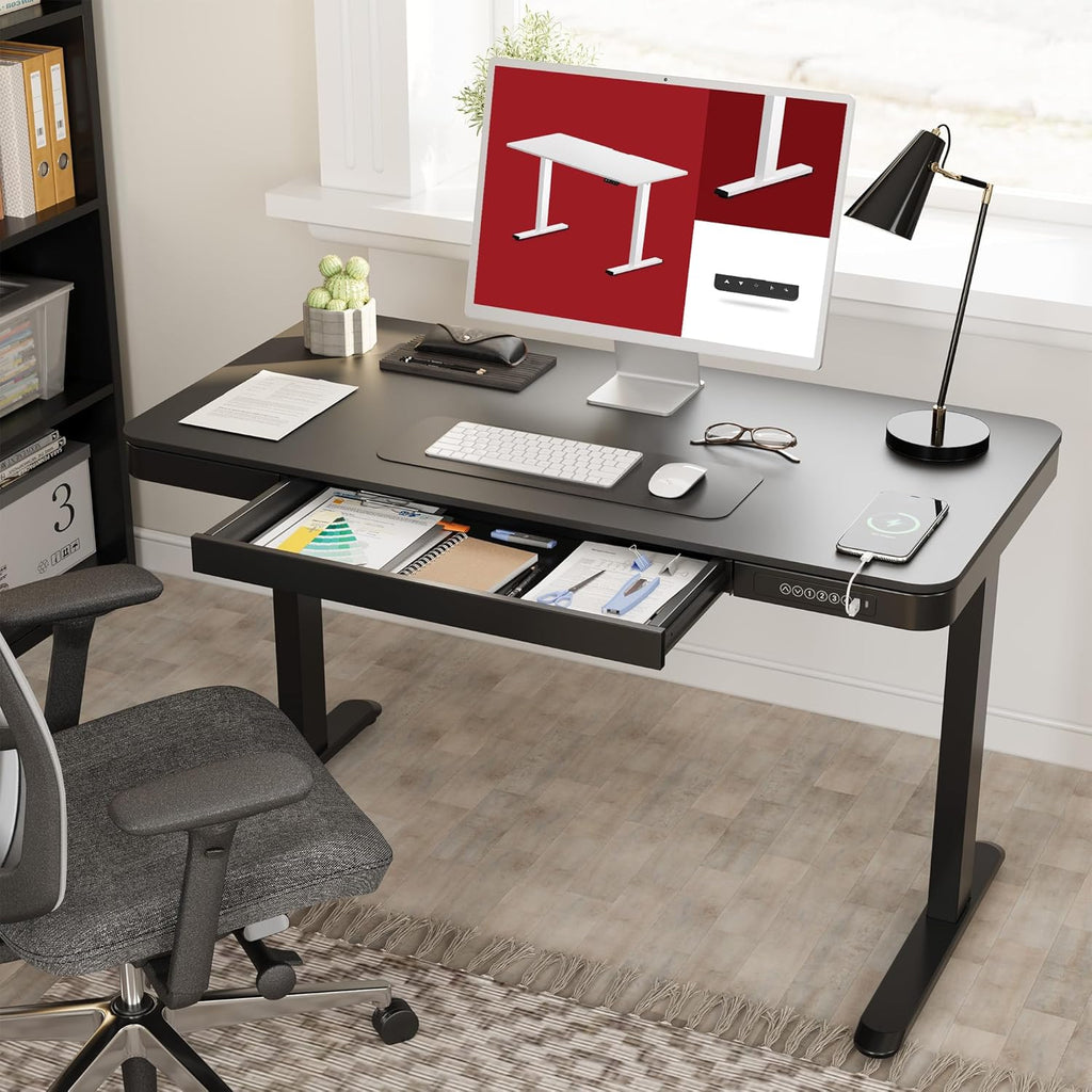 Standing Desk with Drawer, Electric Height Adjustable Home Office Desk with Storage & USB Ports, 48 inch Black Wood Tabletop/White Frame