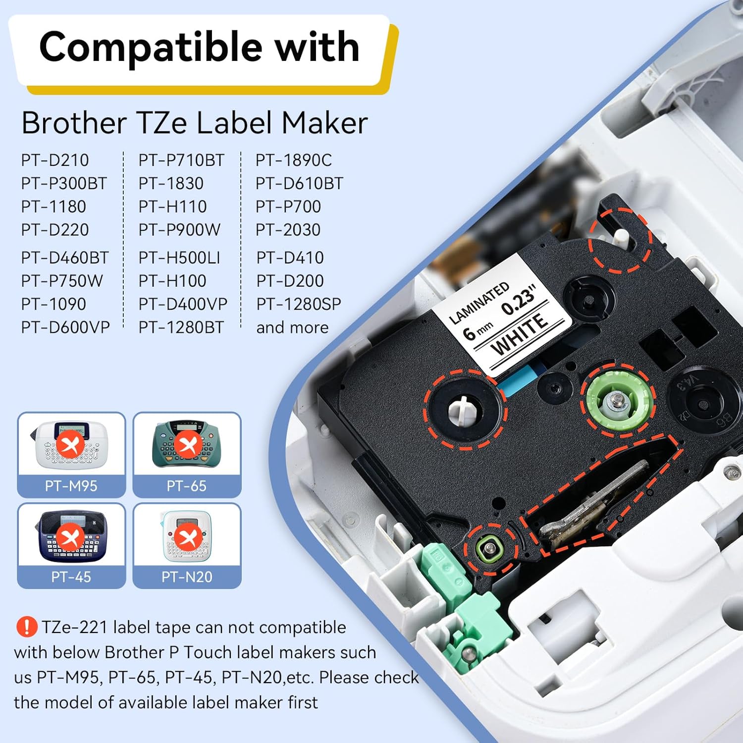Labelife TZe-211 Label Maker Tape 6mm Compatible with Brother P Touch Label TZe TZ Tape 6mm 0.23 Laminated White 1/4 Inch TZe211 for Ptouch PTD210 PTD220 PTH110 PTD400 PTD600, 5-Pack