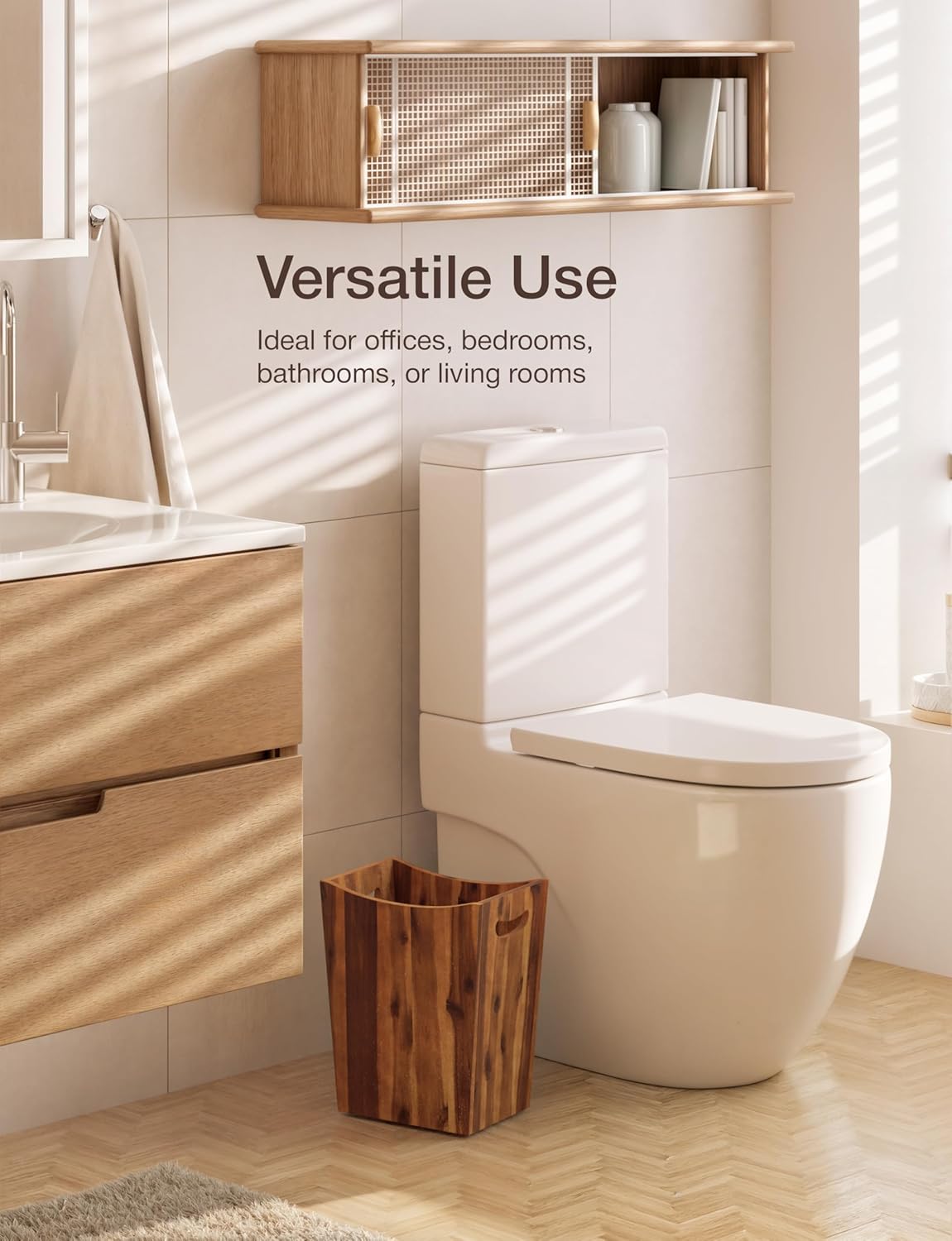 2 Gallons Rectangular Wastebaskets - Acacia Wood Waste Basket with Handles - Small Trash Can for Bathroom - Brown Garbage Bin for Spa Bathroom Decorative, Kitchen Counter, Living Room (Walnut)