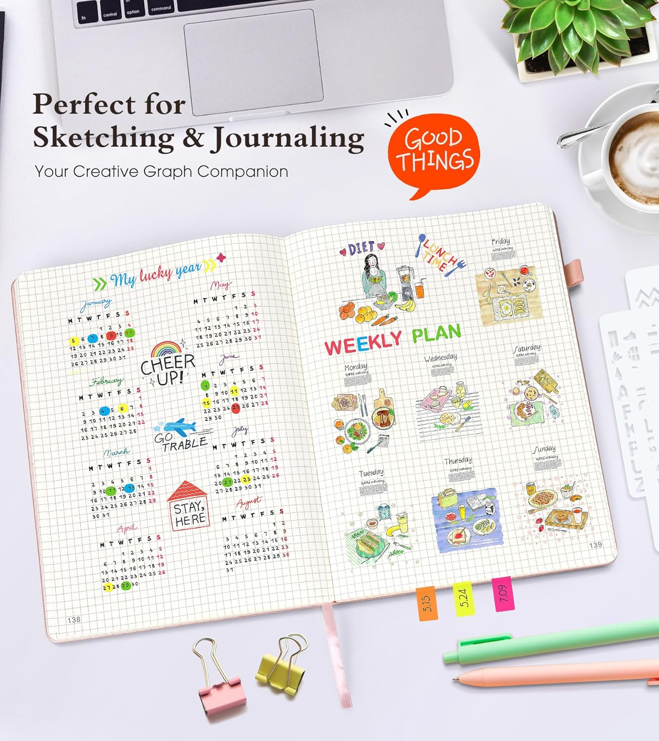 Graph Paper Notebook Journal, 360 Numbered Pages Grid Notebooks 8.5 x 11, Thick 100gsm Paper Graphing Journals for Women Men, A4 Large Hardcover Graph Leather Journals for Writing Pink