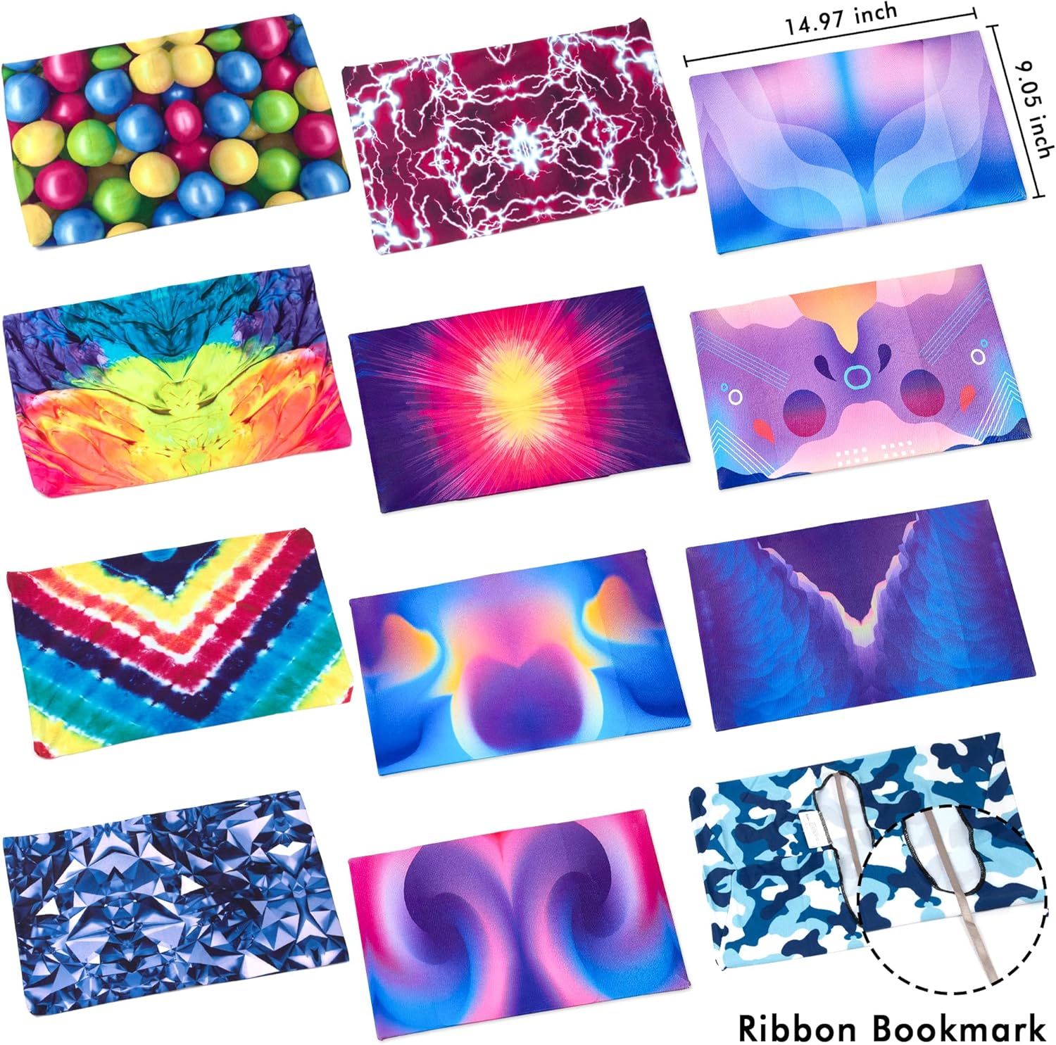 feela 12 Pack Jumbo Fabric Book Covers, Stretchable Washable Durable Reusable Nylon, for Hardcover Textbooks Notebooks up to 9'x11', 12 Patterns