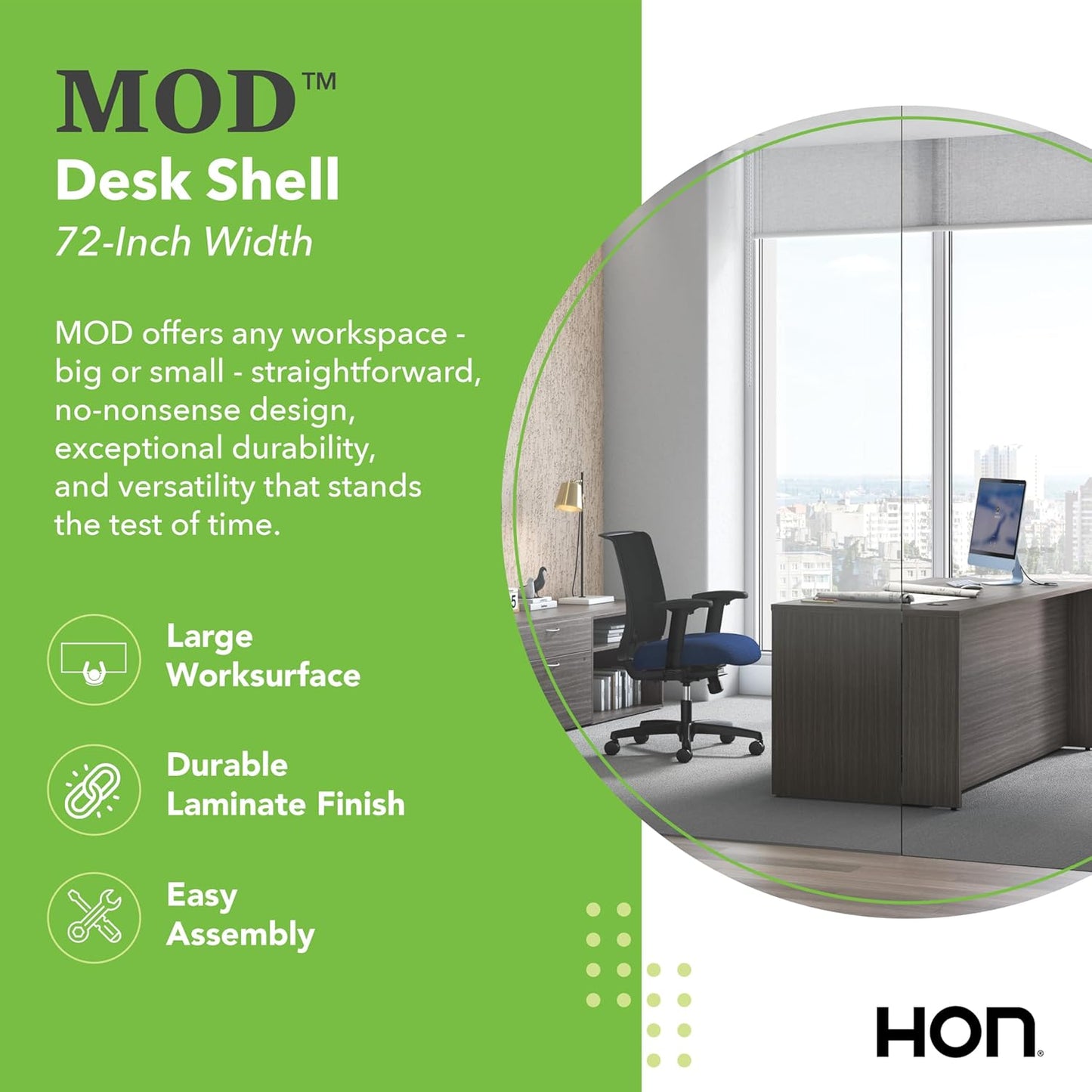HON MOD Executive Desk 72-Inch Large Computer Desk Shell, Thick Wooden Laminate, Modern Table with Cord Management, 72" W x 30" D x 29" H, Slate Teak