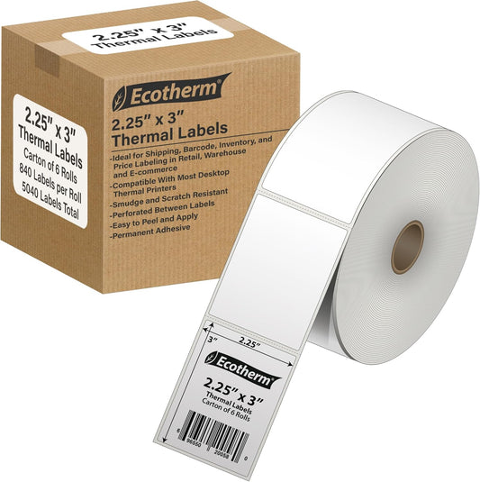 2.25" x 3" Thermal Labels | 6 Rolls | 5040 Labels | fits Zebra, Munbyn, Rollo, Godex, Arkscan, iDPRT, Offnova Thermal Label Printers and More | Blank White Adhesive Stickers by Ecotherm