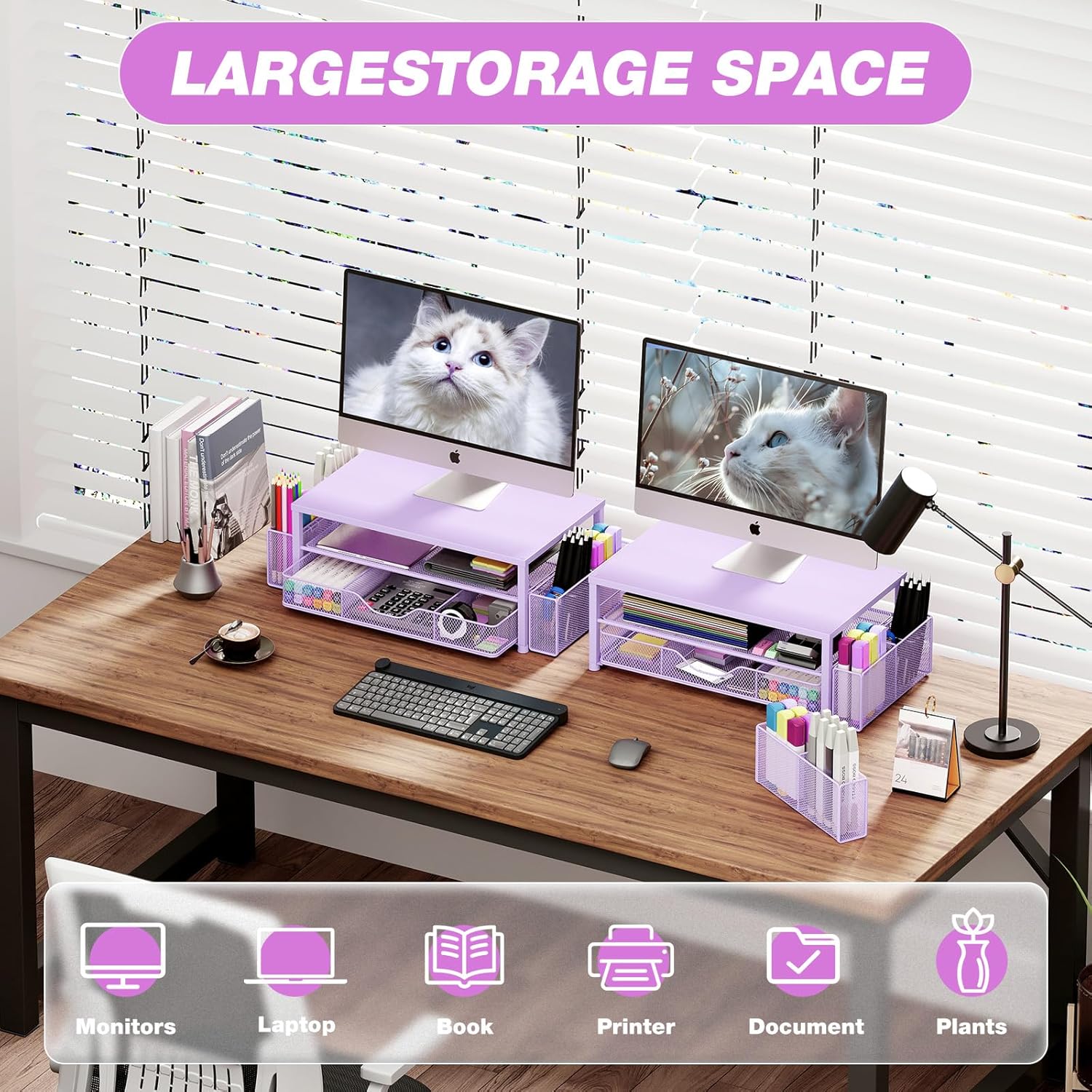 Desk Organizers and Accessories, 2-Tier Computer Monitor Stand Riser with Drawer and 2 Pen Holders, Laptop Stand, Office Desk Accessories for Office Supplies, Purple