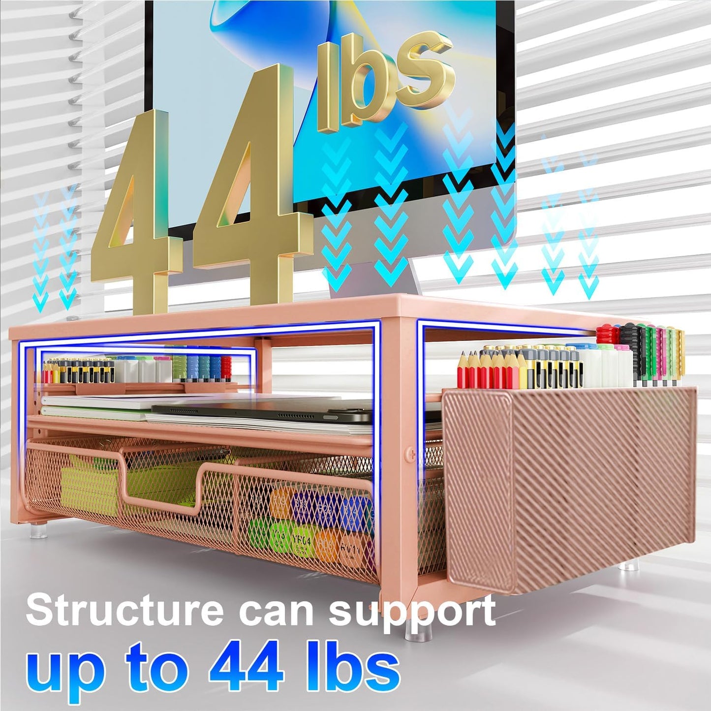 gianotter Desk Organizers and Accessories, Monitor Stand with Drawer and 2 Pen Holder, Desktop Organizer Suitable for Offices and Dormitories (Rose Gold)