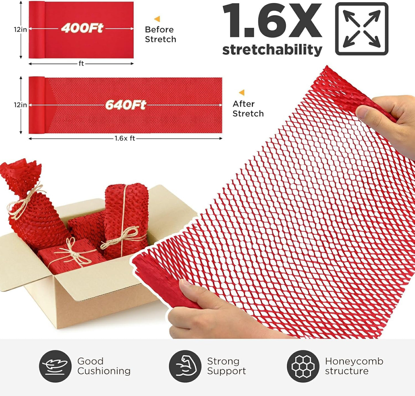 Honeycomb Packing Paper, 12"x400' Red | Perforated Honeycomb Packing Paper Recyclable Moving Supplies for Shipping & Moving | Plastic-Free Alternative to Bubble Cushion Wrap with 36 Fragile Stickers
