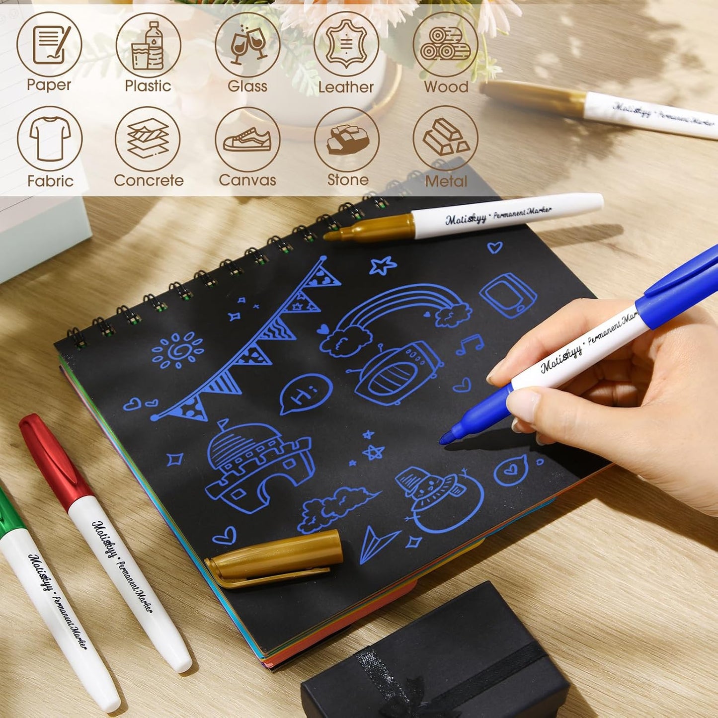 24 Pcs Metallic Permanent Markers Bulk Gold Fine Point Metallic Paint Markers for DIY Crafts, Gift Card Making, Artist Illustration(Multicolor)