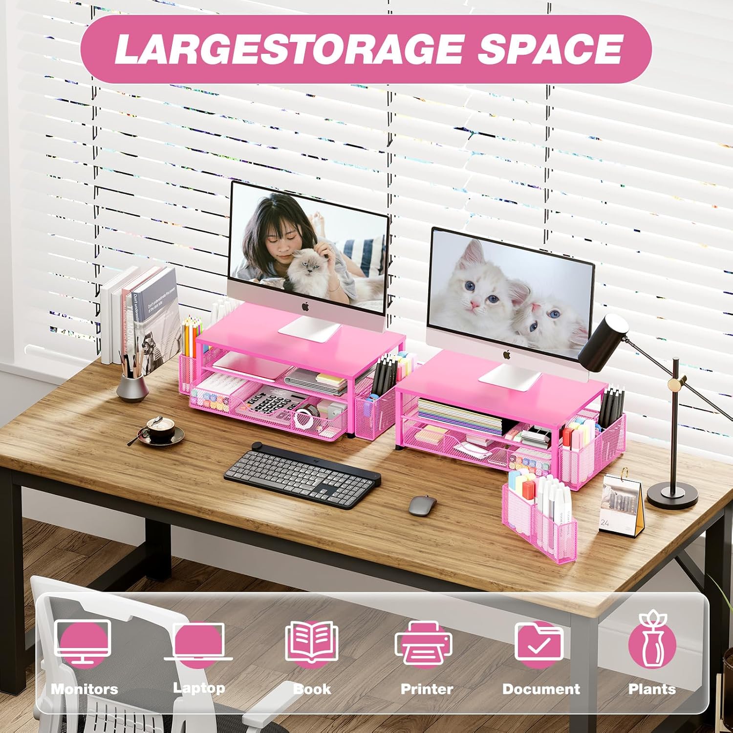 Desk Organizer and Accessories, 2-Tier Computer Monitor Stand with Drawer and 2 Pen Holders, Laptop Stand, Office Desk Accessories for Office Supplies, Carmine Rose