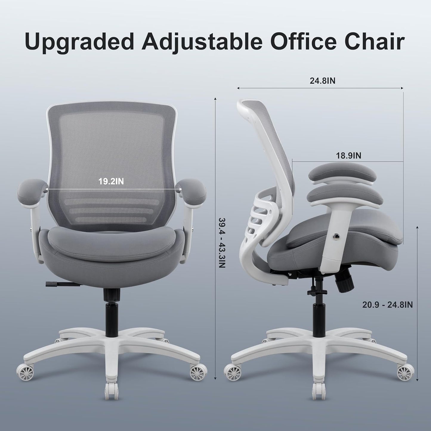 400lbs Double Seat Cushion Office Chair Soft Armrests Executive Ergonomic Computer Desk Chair with Lumbar Support (Grey Frame Grey Fabric)