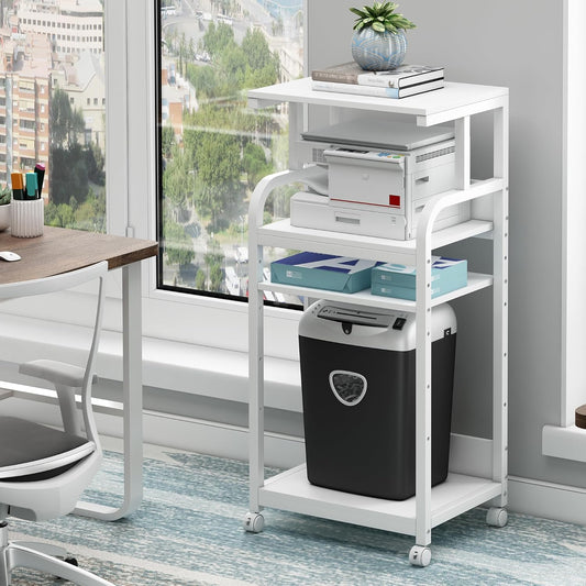 4 Tier White Printer Stand Table with Adjustable Shelves, Movable Printer Shredder Stand with Wheels for Home Office Storage and Organization, Rolling Cart for Computer Tower CPU