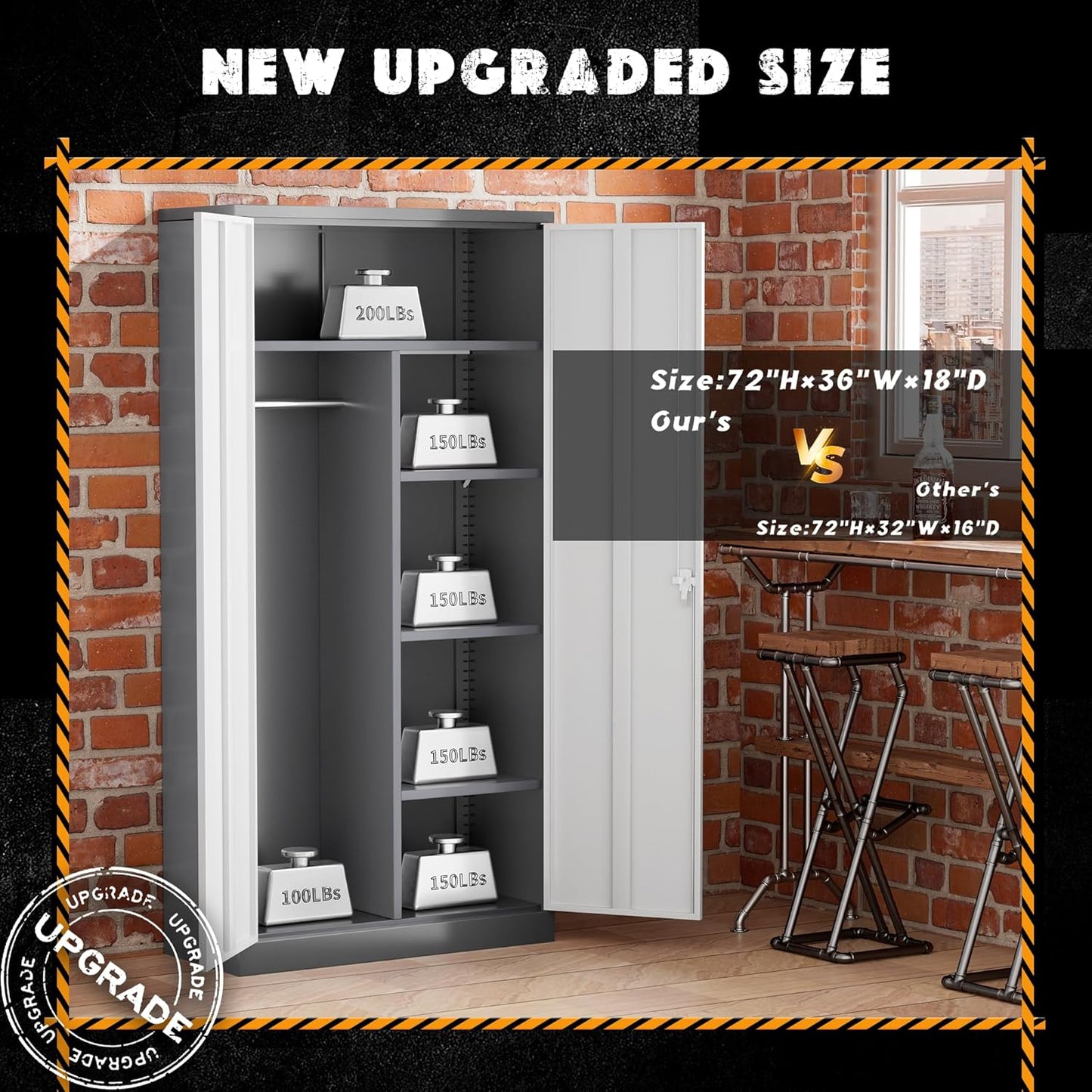 Greenvelly Metal Storage Cabinet with 2 Doors, 72” Steel Storage Wardrobe Cabinet, Employees Locker Closet Clothing Coat Steel Wardrobe Cabinet with Hanging Rod for Garage, Home Office (Grey White)