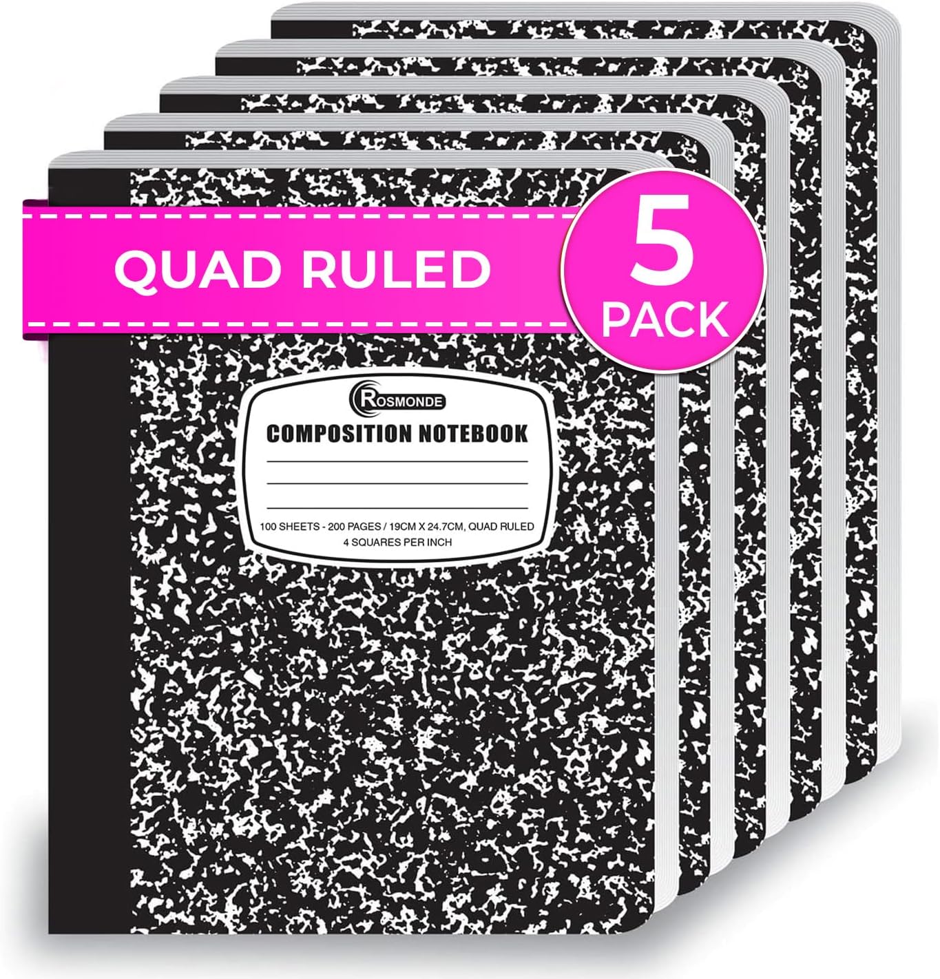 Graph Paper Composition Notebook, 5 Pack, 200 Pages (100 Sheets), Quad Ruled Composition Notebook, Graph Notebooks, 4x4 Grid Composition Notebook, Black Marble, Sewn Hard Cover, 9-3/4 x 7-1/2