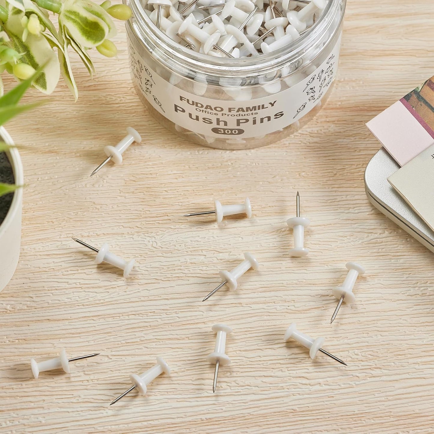 FUDAO FAMILY 300pcs Push Pins for Bulletin Board, Thumb Tacks for Wall Corkboard, Map Pins - Home Office Craft Projects Plastic Head Steel Push Pin (White)