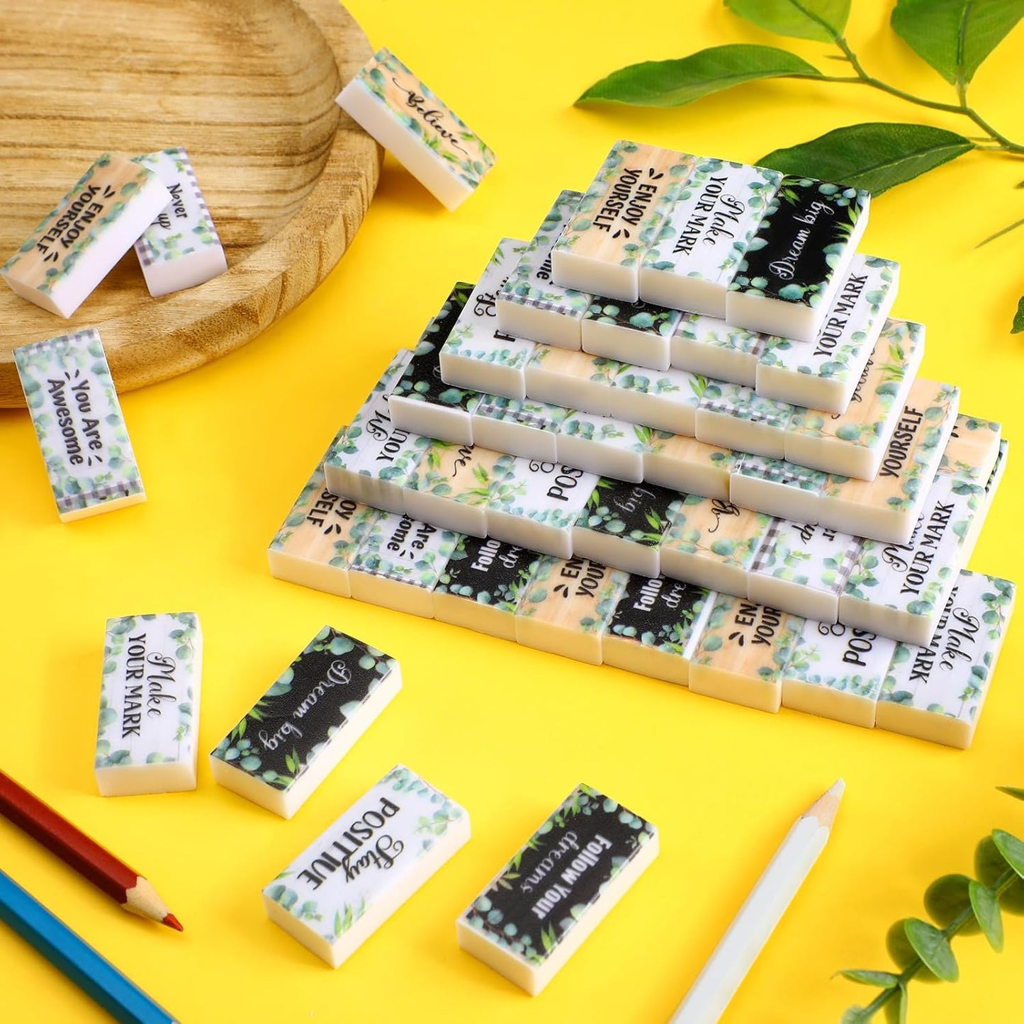 100 Pcs Inspirational Pencil Erasers Bulk for Kids Fun Motivational Eraser School Supplies Back to School Office Supplies for Classroom Office Teacher Artists (Eucalyptus Leaf)