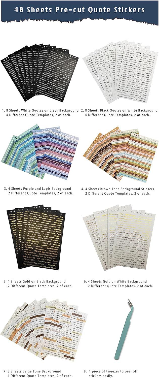 2370 Pcs Word Stickers for Journaling,40 Sheets Quote Stickers Gold Foil Small Talk Stickers for Junk Journal Craft,Scrapbooking Supplies for Bullet Journal Scrapbooking DIY Craft Card Making