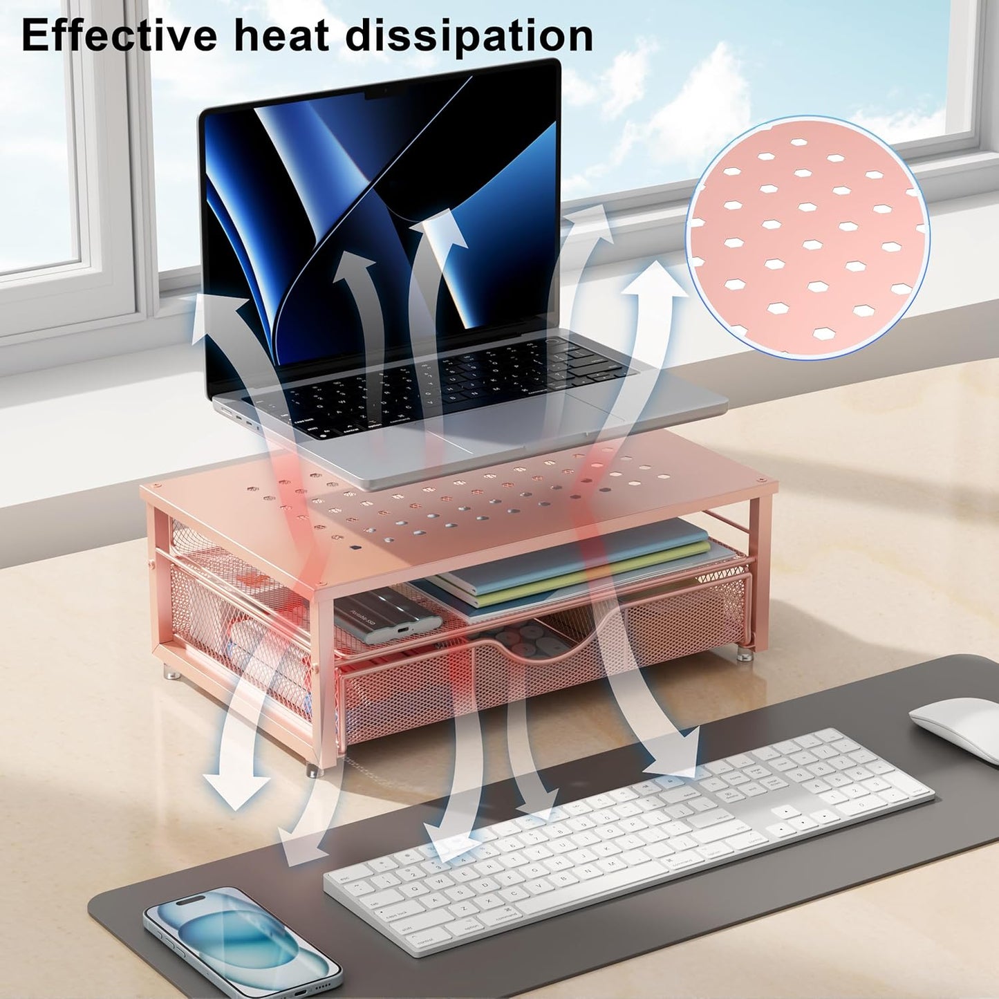 gianotter Computer Monitor Stand Riser, office organizer with Drawer, Office Organizers Storage for Classroom Office Supplies (Rose)