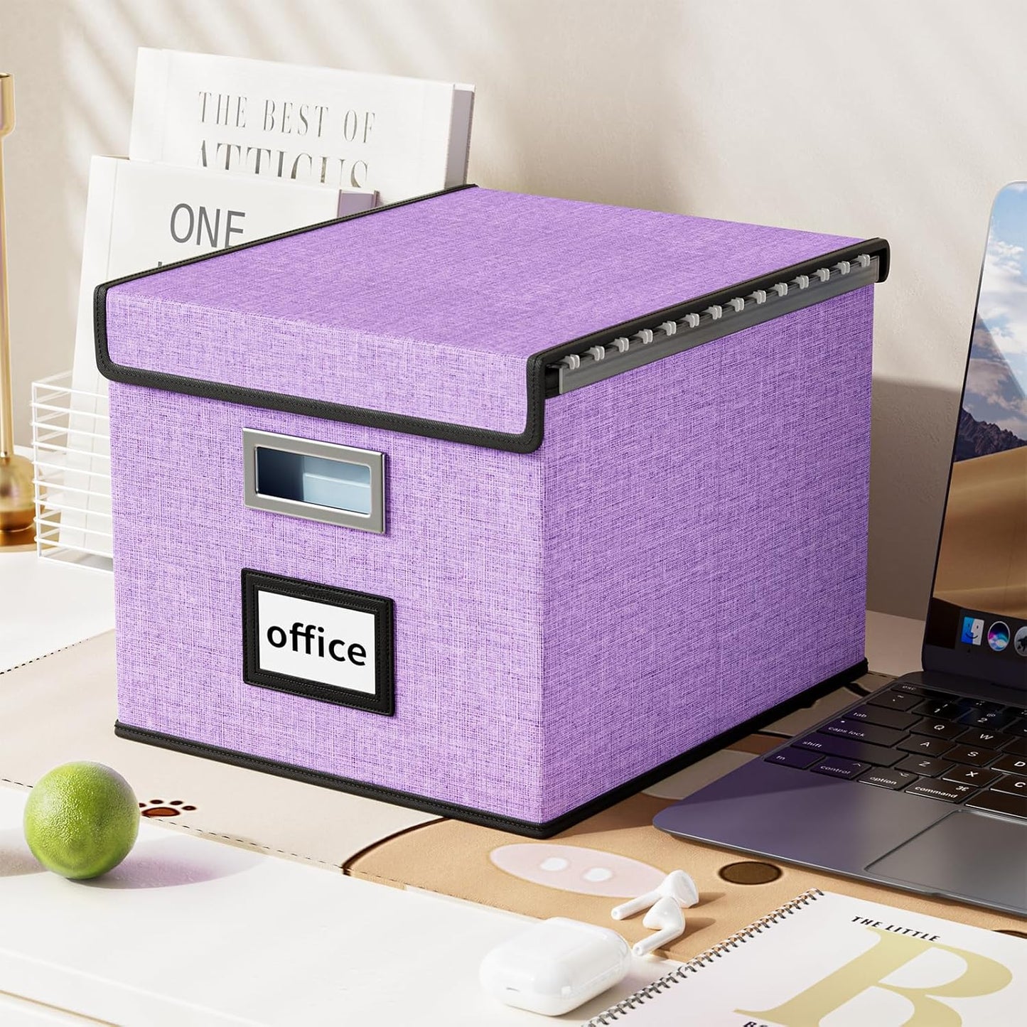 Huolewa Decorative File Organizer Storage Box with Lid, Linen Hanging Filing & Storage Box with Plastic Slide for Office/Decor/Hom, Universal Hanging Filing Organization Box for Letter/Legal Folder