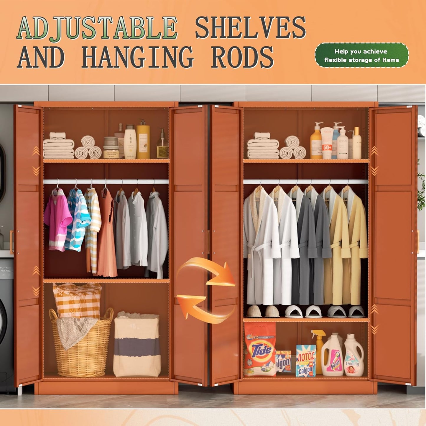 Greenvelly Metal Wardrobe Cabinet with Wooden Handle, 72" Metal Wardrobe Closet with Hanging Rods and Adjustable Shelves, Clothing Storage Closet Cabinet for Home, Office, Employee, Gym (Brown)