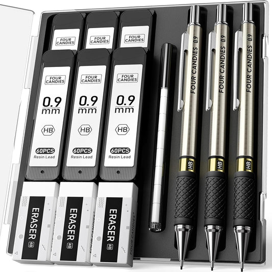 Four Candies Metal Mechanical Pencil Set - 3PCS 0.9mm Art Mechanical Pencils & 360PCS HB Lead Refills & 3PCS Erasers & 9PCS Eraser Refills, Drawing Mechanical Pencils for Writing, Sketching/With Case