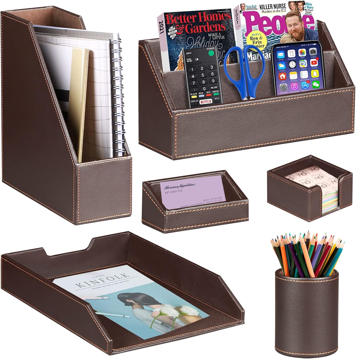 Ayunga PU Leather 6-piece Office Supplies Combination Set,Pencil Cup,Business Card Holder,Sticky Note Dispenser,Mail Sorter,Letter Tray,Files Holder,Suitable for Self-use and Friend Gifts (Brown)