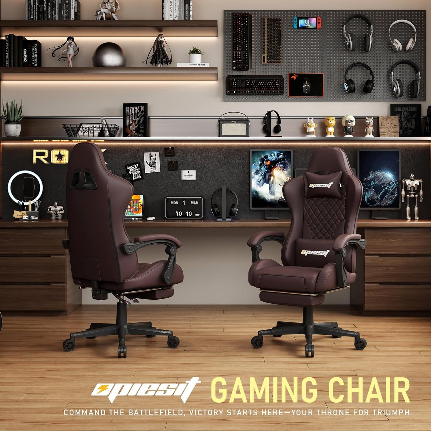 Gaming Chair,Ergonomic Computer Chairs for Adults with Footrest, PU Leather Office Chair with Adjustable Lumbar Support & Pocket Spring Cushion - Heavy Duty 400lb Capacity Gamer Chair (Brown)