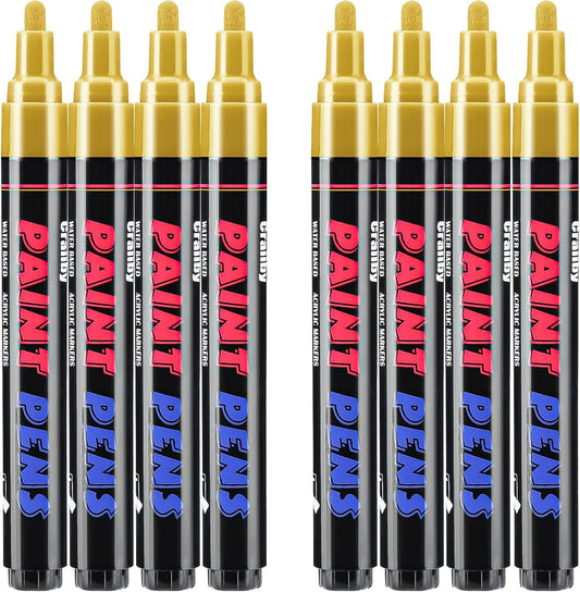 Gold Paint Pens Paint Markers - 8 Pack Permanent Quick Dry Waterproof Marker Pens for Rocks Wood Fabric Plastic Canvas Glass Mugs Metal Tire Stone