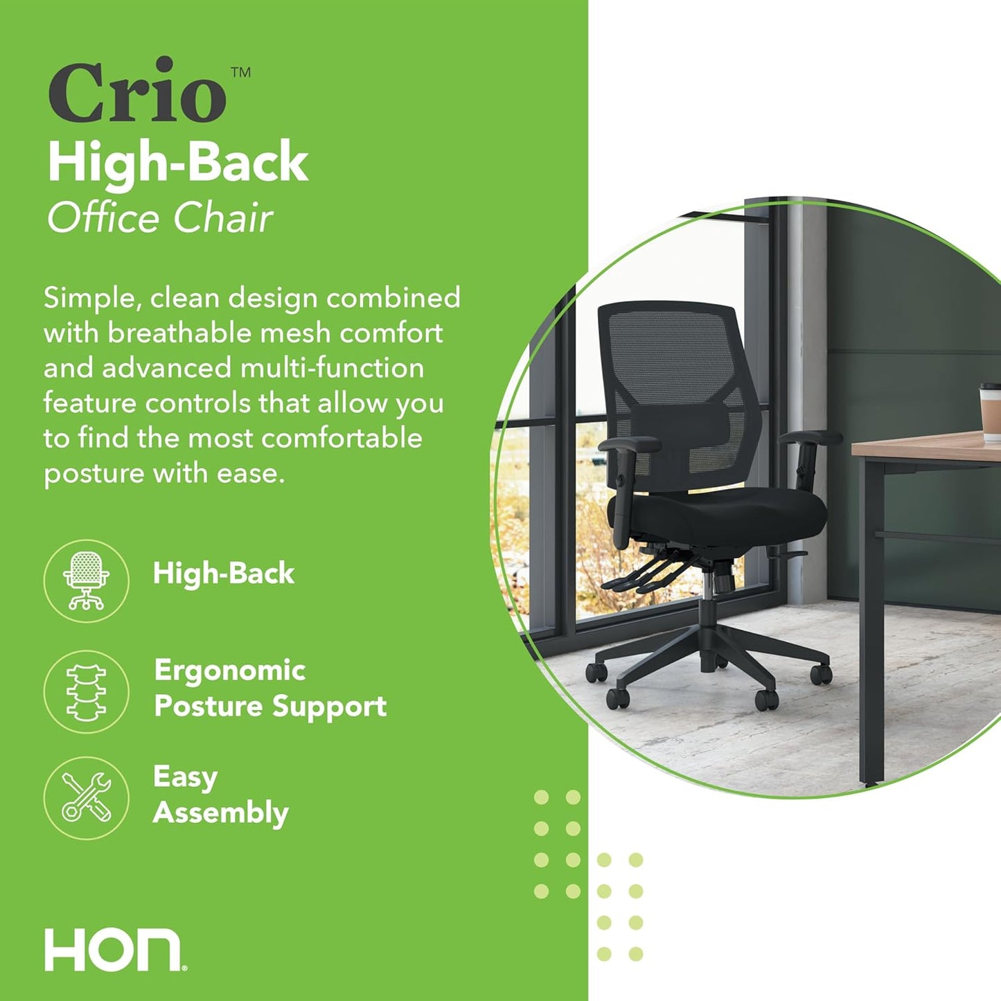 HON Crio High Back Office Chair, Ergonomic Office Chair with Adjustable Arms and Back Support, 360 Swivel, ASynchro-Tilt Recline, Black