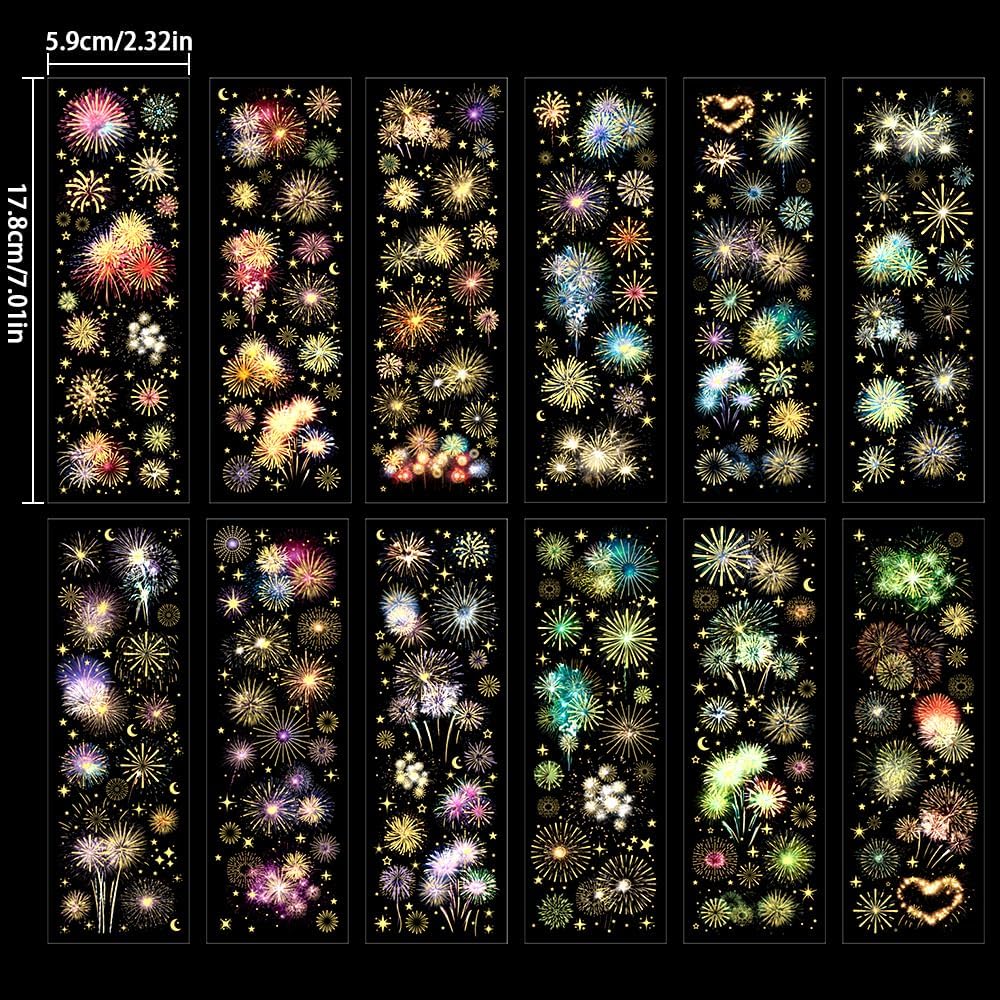 12 Sheets Fireworks Landscape Stickers for Scrapbooking Scrapbook Stickers Aesthetic Glitter Sticker Sets PET Transparent Sticker for Journaling Journal Supplies Decals for Scarp Booking Supples Kit