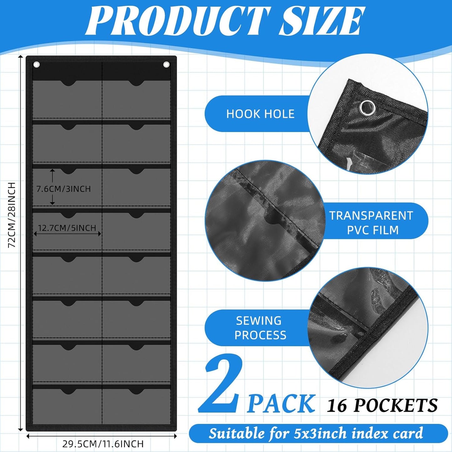 2 Pack 3'' x 5'' Index Card Holder Sleeve 16 Slot Plastic Organizer Hanging Wall Mount Business Note Cardholder PVC Clear Organizer Pocket for Classroom Office Library Home (Black)