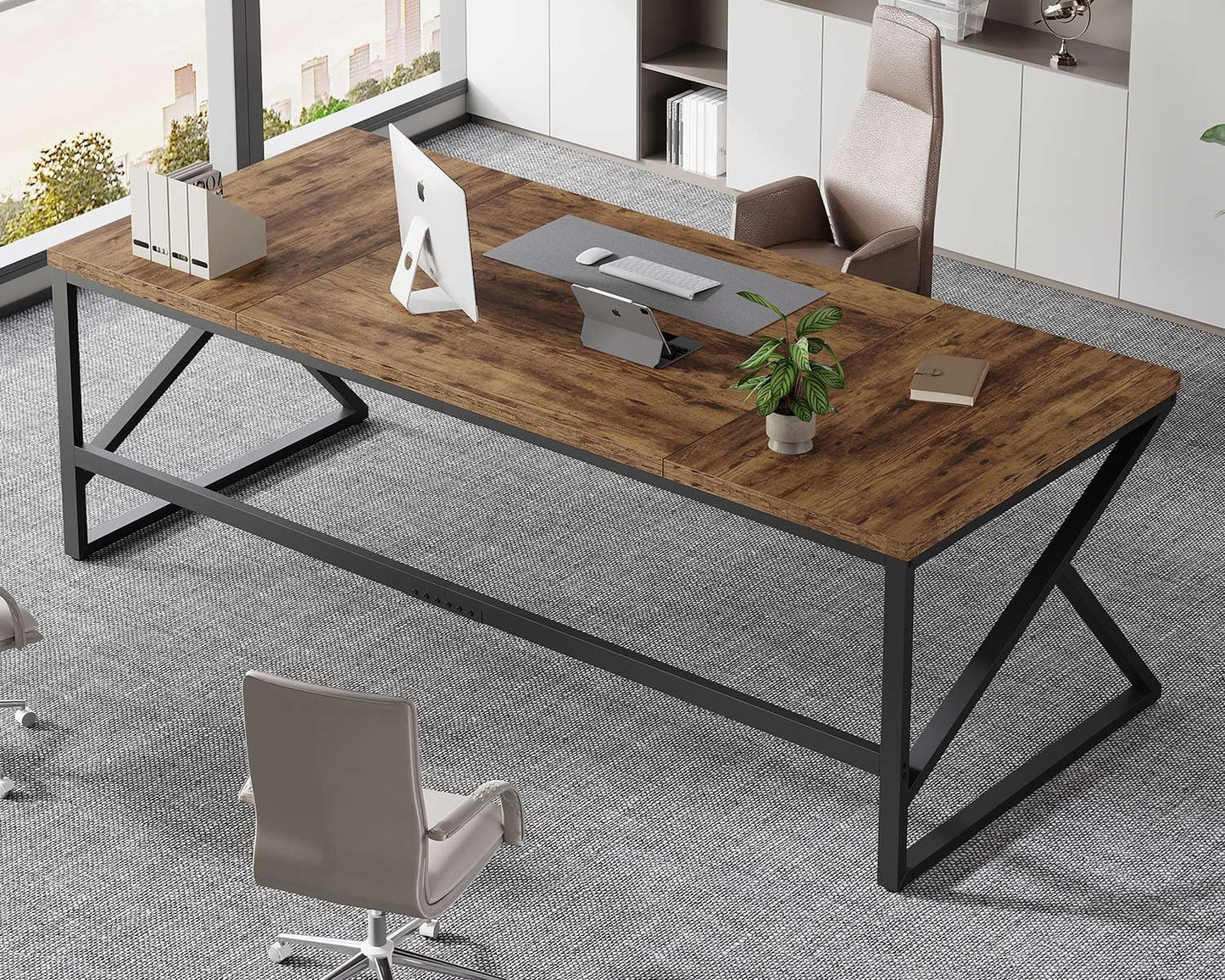 HSH Large Rustic Brown Computer Desk, 78 Inch Extra Long Metal Wood Desk for Home Office, Two Person Executive Writing Study Gaming Desk Table, Bedroom Living Room PC Laptop Dual Monitor Desk