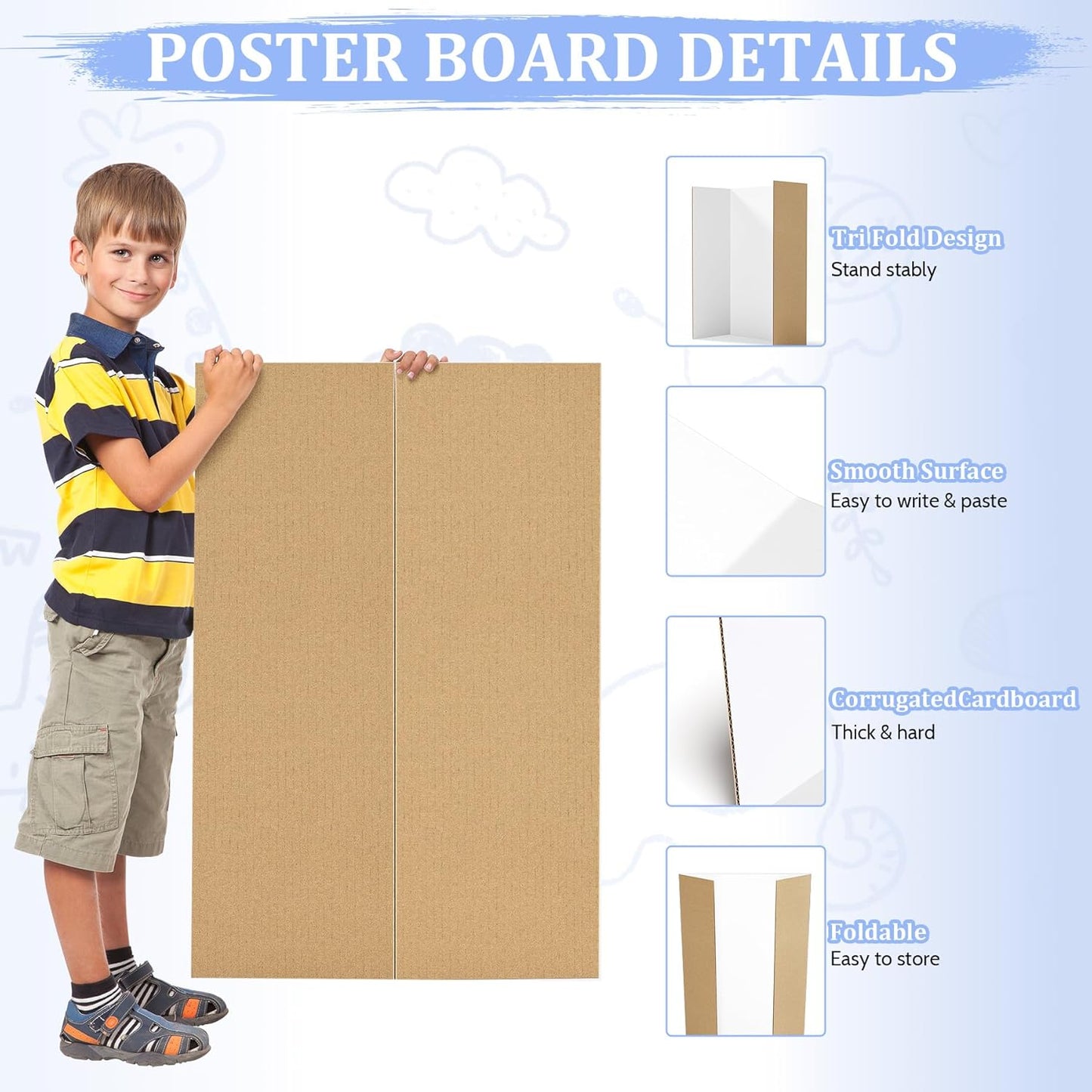 4 Pack 36" x 48" Trifold Poster Board for Presentation, White Corrugated Cardboard Large Tri Fold Poster Board for Science Fair, Office & School Projects, Photo Displays, Exhibitions Event