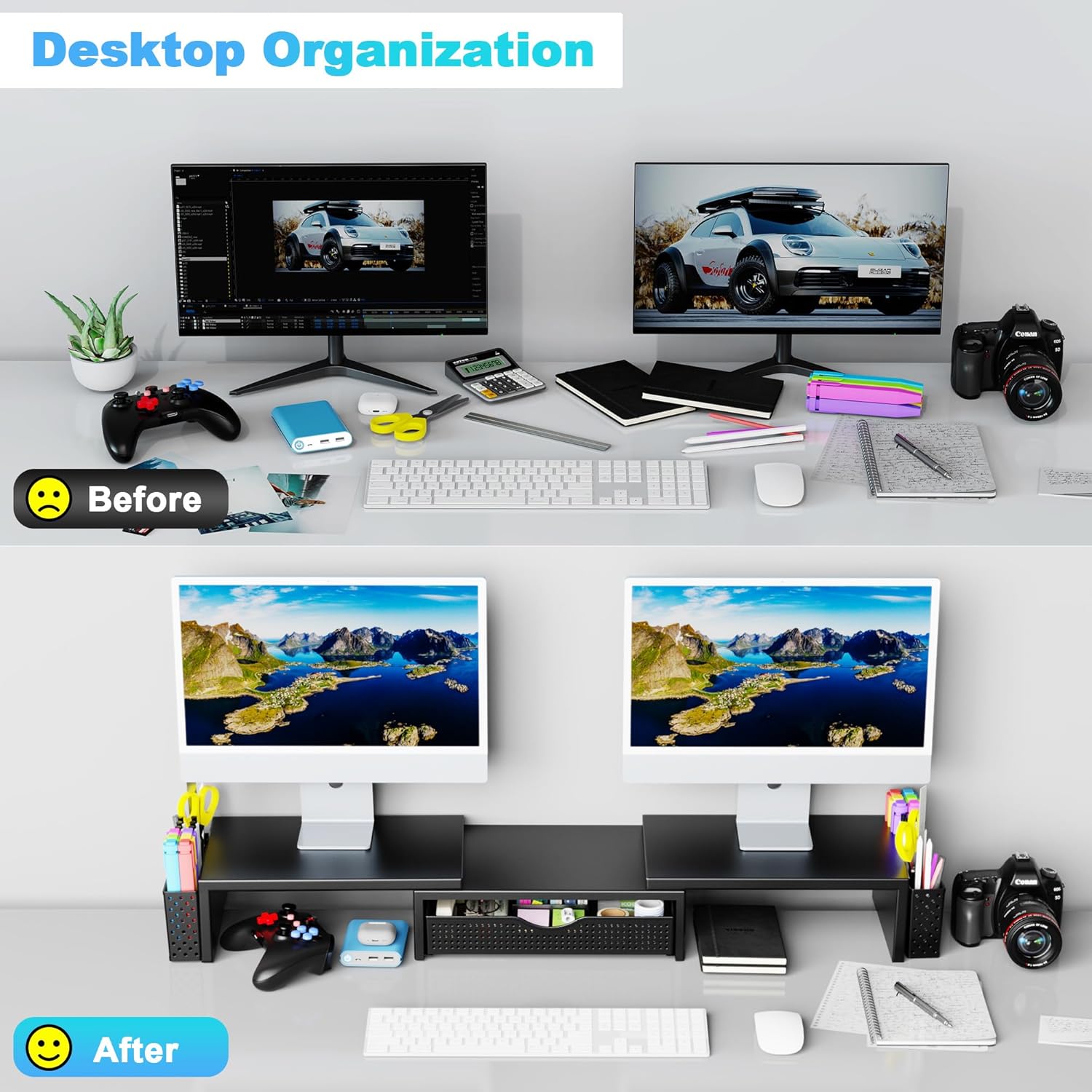 Spacrea Metal Desk Organizers and Accessories, Dual Monitor Stand Riser with Drawer and 2 Pen Holders, Desk Accessories & Workspace Desktop Organizers for Office Supplies (Black)