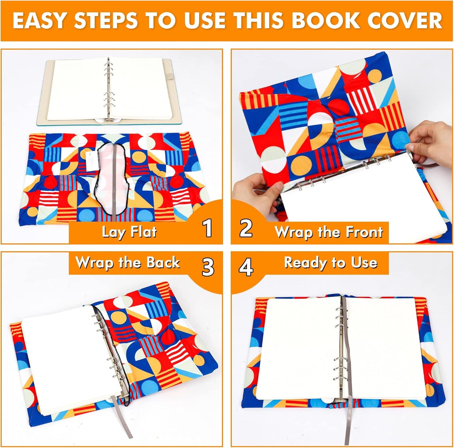 Geometric Pattern Book Covers, Feela 7 Pack Stretchable Jumbo Fabric Washable Durable Reusable Nylon Book Covers, for Hardcover Textbooks Notebooks up to 9”x11”