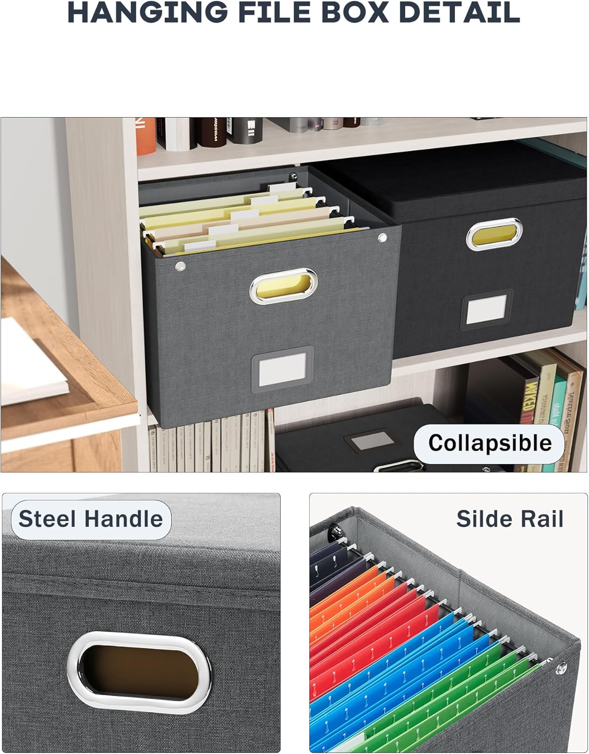 2 Pack File Organizer Box with Lid, Large Hanging Filing Box with Mesh Pocket, Document Organizer for Letter Files, Portable Storage Case for Office&Home (Dark grey)