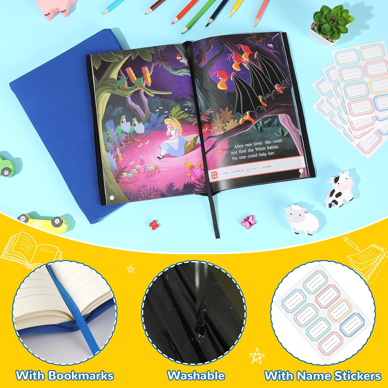 Jumbo Book Covers 12 Pack Reusable Fabric Book Cover Protective Book Covers 9 x 11 Inch Black and Blue Stretchable Book Sleeve Cover with Label Sticker for Most Hardcover Books Up to 10 x 12.5 Inch