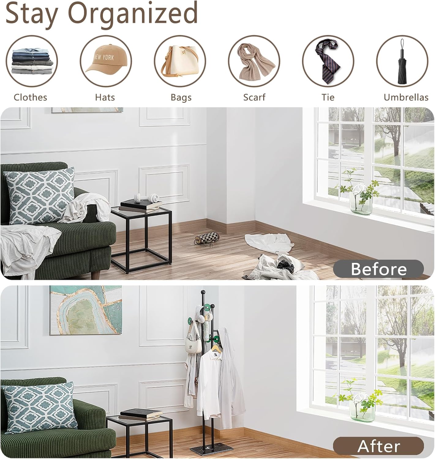 Free Standing Coat Rack with Marble Base & 8 Hooks Heavy Duty Clothes Rack for Entryway Bedroom Living Room Hotel 14.96 x 10.24 x 68.9 Inches (Black)