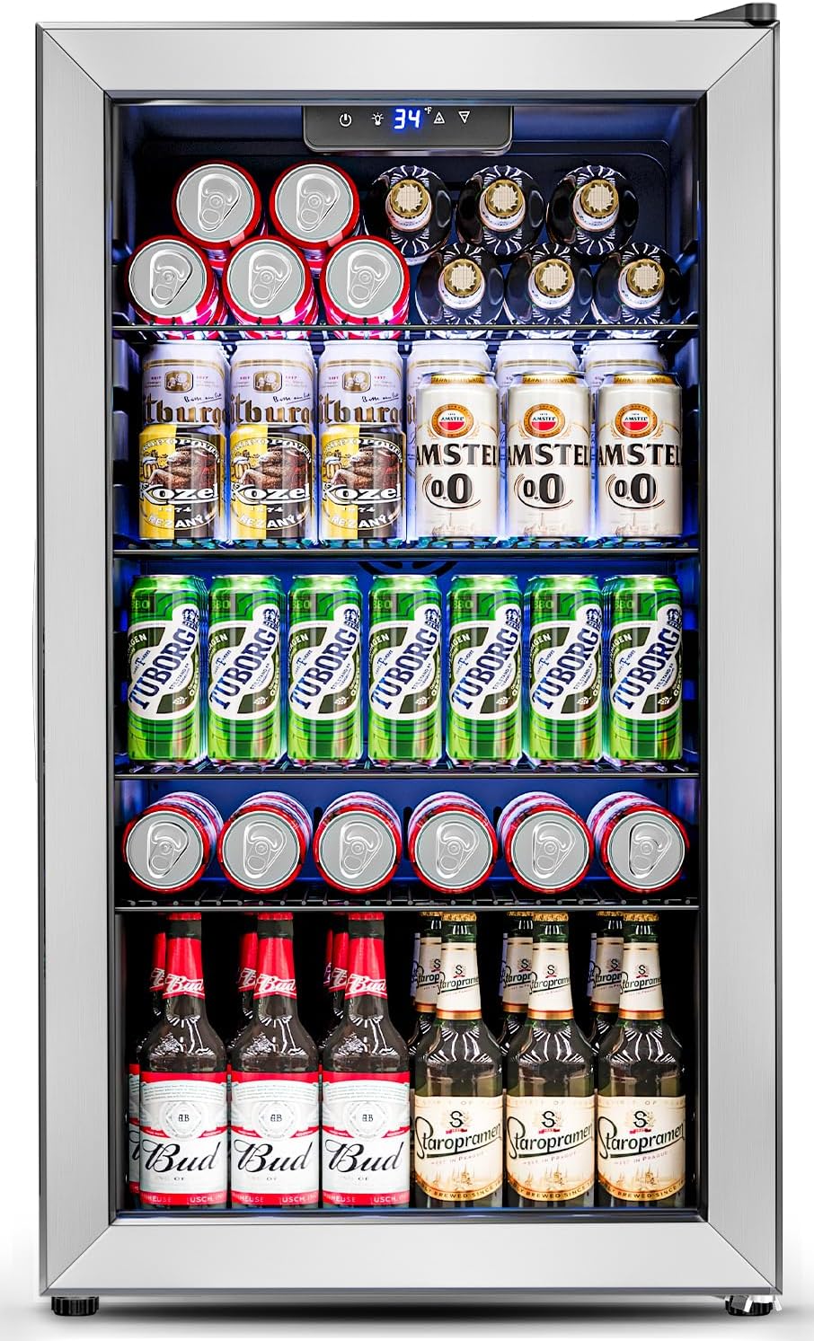 3.2 Cu.Ft Mini Fridge with Glass Door - 126 Can Beverage Refrigerator Cooler for Drink Beer Wine Soda, Small Refrigerator for Bedroom Office Bar Dorm, 4 Adjustable Shelves, Silver