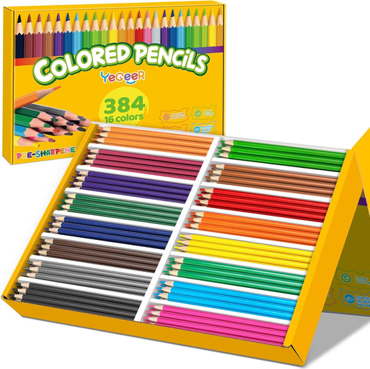 384 Count Colored Pencils Bulk, 16 Assorted Colors, Pre-sharpened Coloring Pencils Set for Kids and Adult, Teachers Essential Classroom Prizes, Back to School Supplies