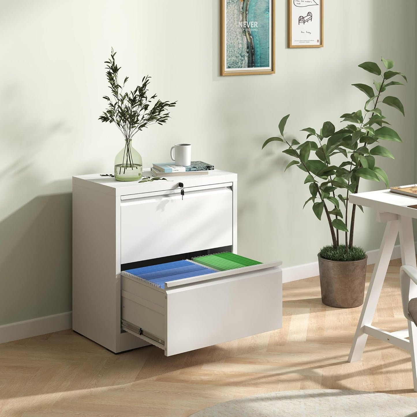 2 Drawer Lateral File Cabinet with Lock, 26.8" Wide Metal Filing Cabinets for Home Office, Steel Storage File Cabinet for Letter/Legal/F4/A4 Size with Hanging Bars, Assembly Required(White)